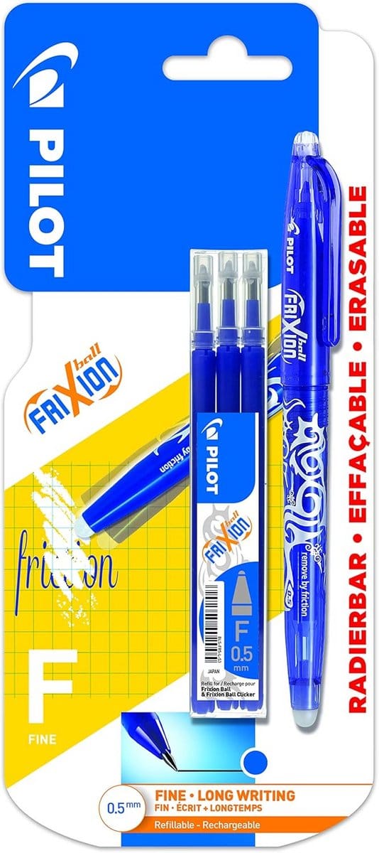 Fijn uitwisbare rollerball pen 0.5mm - Blauw met 3 vullingen