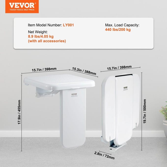 Siège de douche pliable en ABS 15,7'' x 16,7'' Banc de douche mural 440 lbs