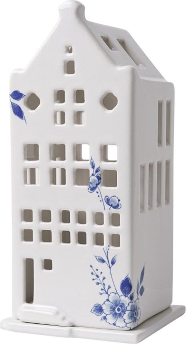 Heinen Delfts Blauw - Waxinelichthouder huis - tuitgevel - Delfts blauw - 17 cm