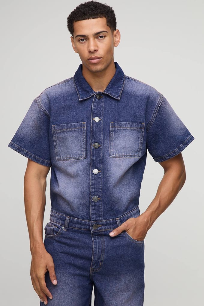 Short Sleeve Relaxed Tinted Denim Boilersuit | Pink | Size Medium