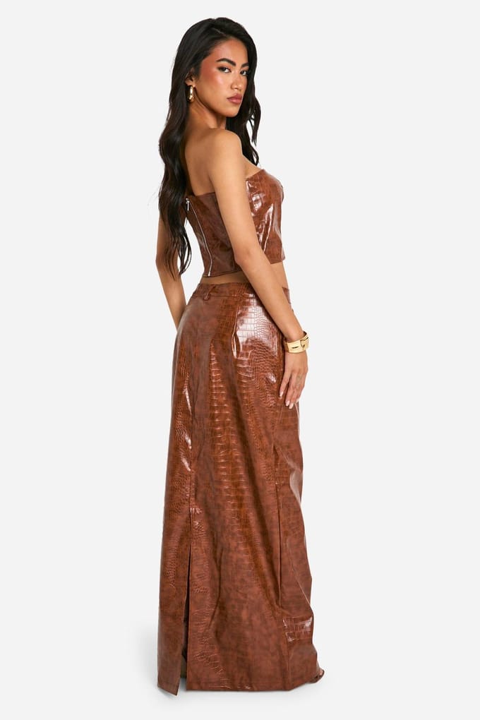 boohoo Dames Croc Look Synthetisch Lederen Maxi Rok | Bruin | Maat: 38