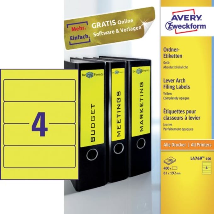 Avery Ordnerrugetiketten, geel, 192,0 x 61,0 mm, permanent klevend