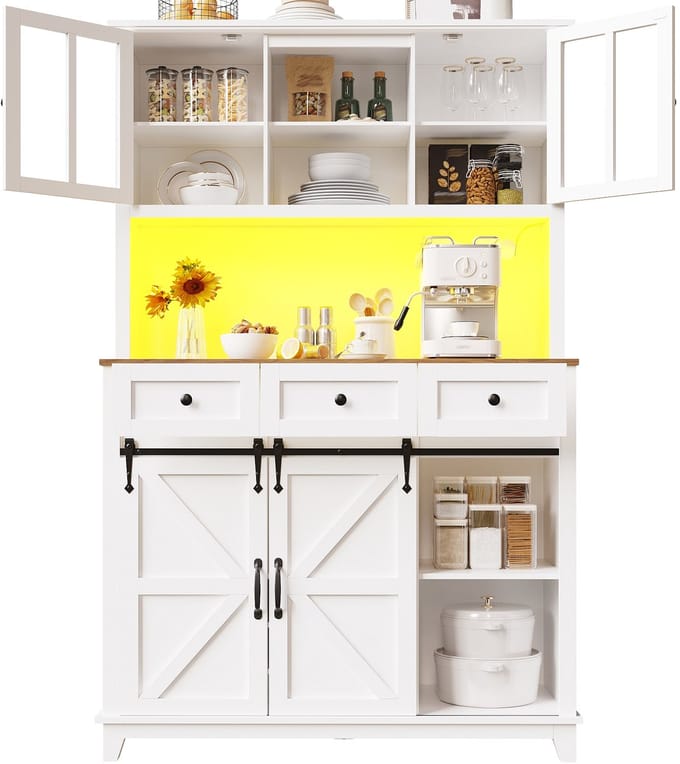 Wit MDF Hoge Kast Met Glazen Deur Keuken Woonkamer 105×38.4×180cm