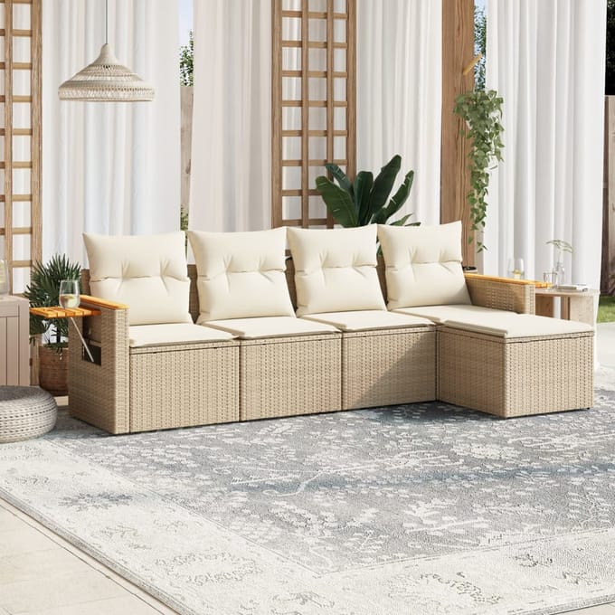 vidaXL - 5-delige - Loungeset - met - kussens - poly - rattan - beige