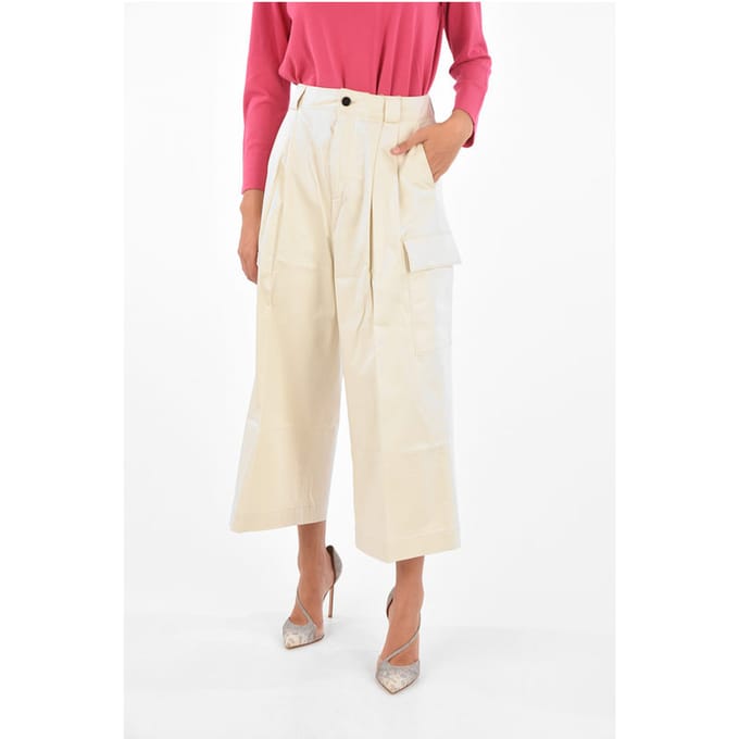 Dubbelgeplooide utility-broek met wijde pijpen in beige
