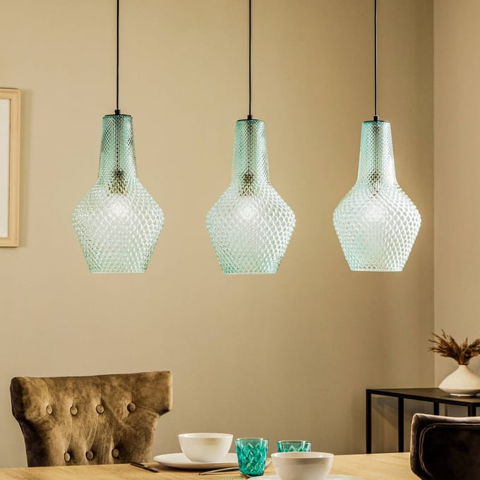 Lindby - hanglamp - 3lichts - Glas, metaal - H: 43 cm - E27 - lichtblauw, zwart