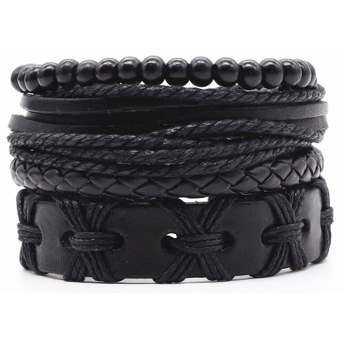 Leren armbanden set met houten kralen zwart