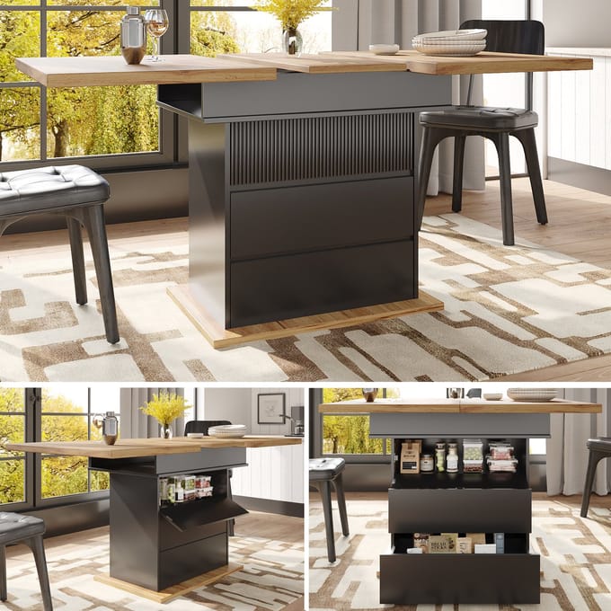 Uitschuifbare eettafel 110-140x80x75 cm - uitschuifbare keukentafel met drie opbergplanken - zwart