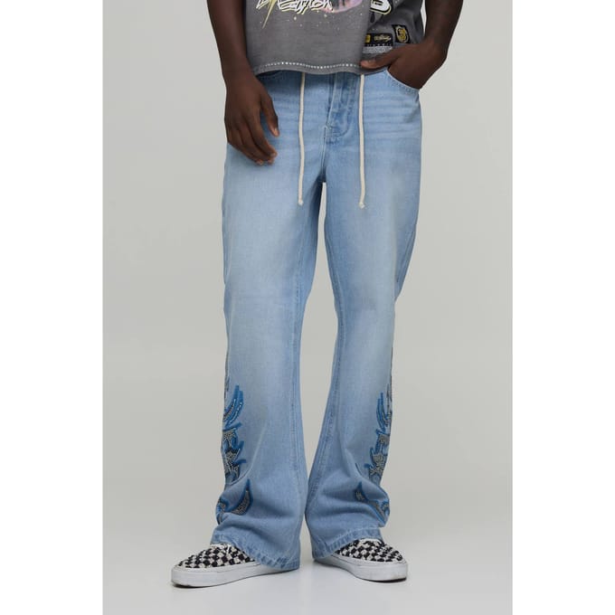 Uitlopende Jeans Met Touwriem En Versierde Print | Light Blue | Size 32