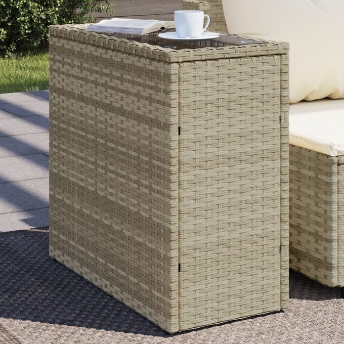 vidaXL - Tuinbijzettafel - glasblad - 58x27,5x55 - cm - poly - rattan - lichtgrijs
