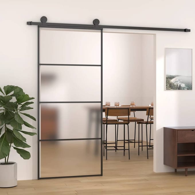 vidaXL - Schuifdeur - 90x205 - cm - mat - ESG-glas - en - aluminium - zwart