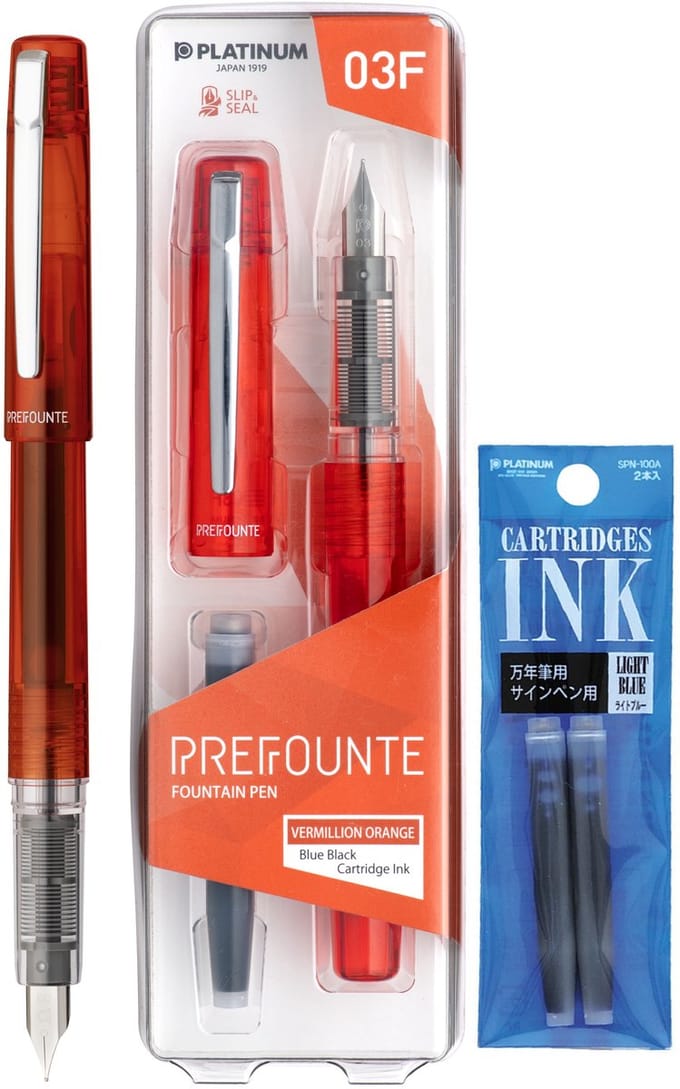 Platinum - Prefounte Vulpen - Medium - Vermillion Orange - Met Lichtblauwe vullingen