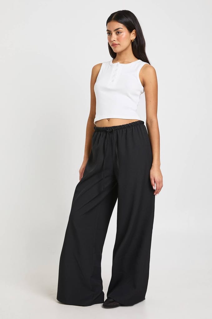 boohoo Dames Geweven Elastische Taille Trekkoord Wijde Pijpen Broek | Zwart | Maat: 34