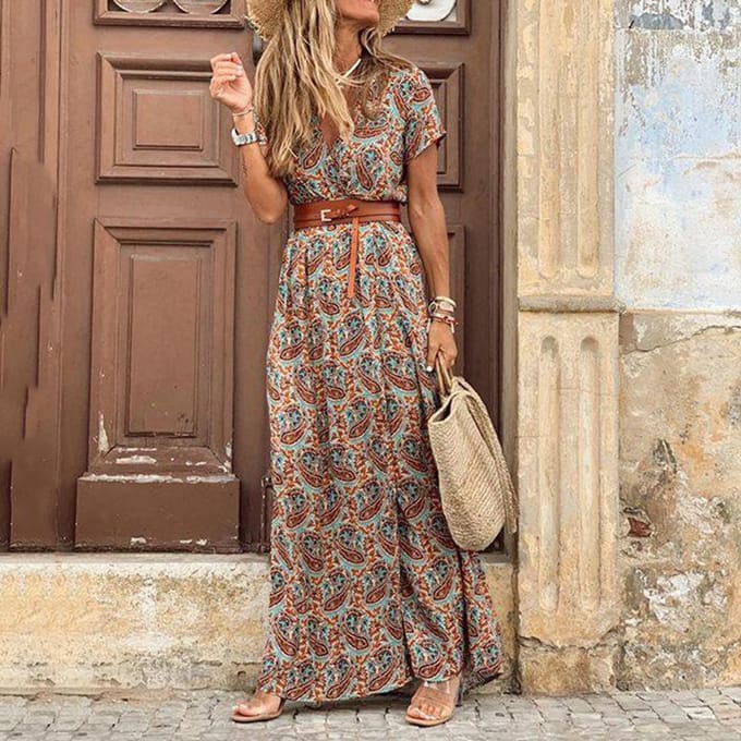 Vrouwen Zomer Mode Boho Stijl V-hals Bloemenjurk XL bruin