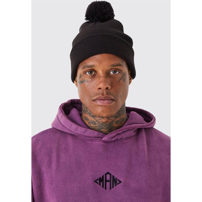 Flat Knit Bobble Beanie | Black