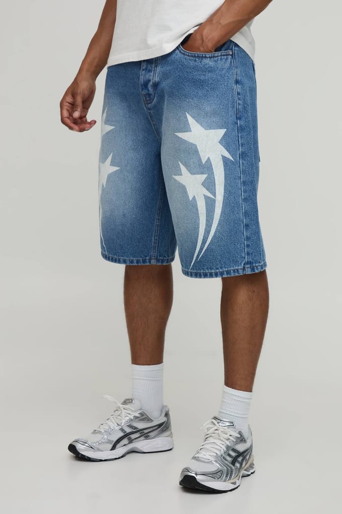 Lange Relaxed Ster Contrast Stiksel Denim Shorts | Mid Blue | Size 36