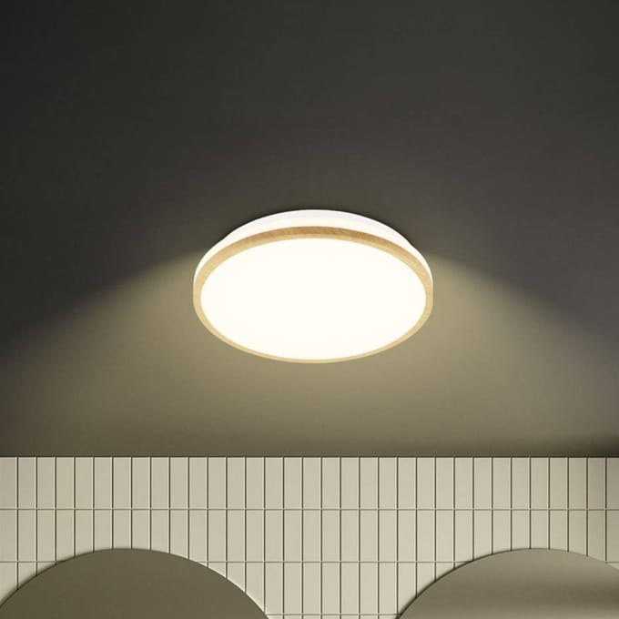 Briloner LED plafondlamp Acorus, Ø 28 cm, wit/houtkleur, IP44